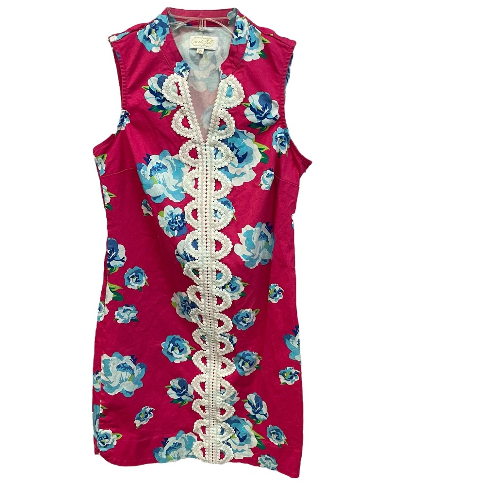Mud Pie‎ Floral Dress Sleeveless Lace Trim Hot Pink Blue XS